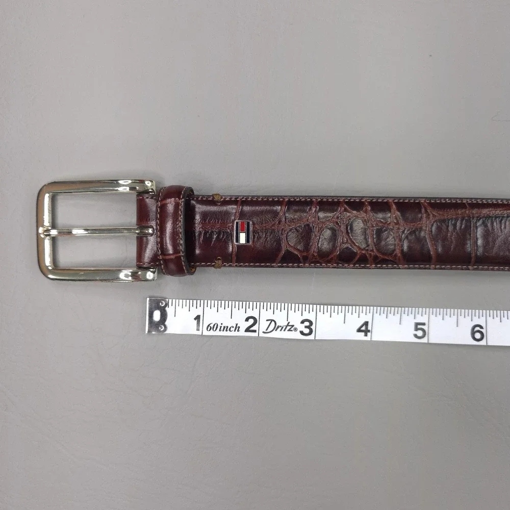 Tommy Hilfiger Belt Mens 38 Brown Croc Embossed Leather Silver Buckle Dress
